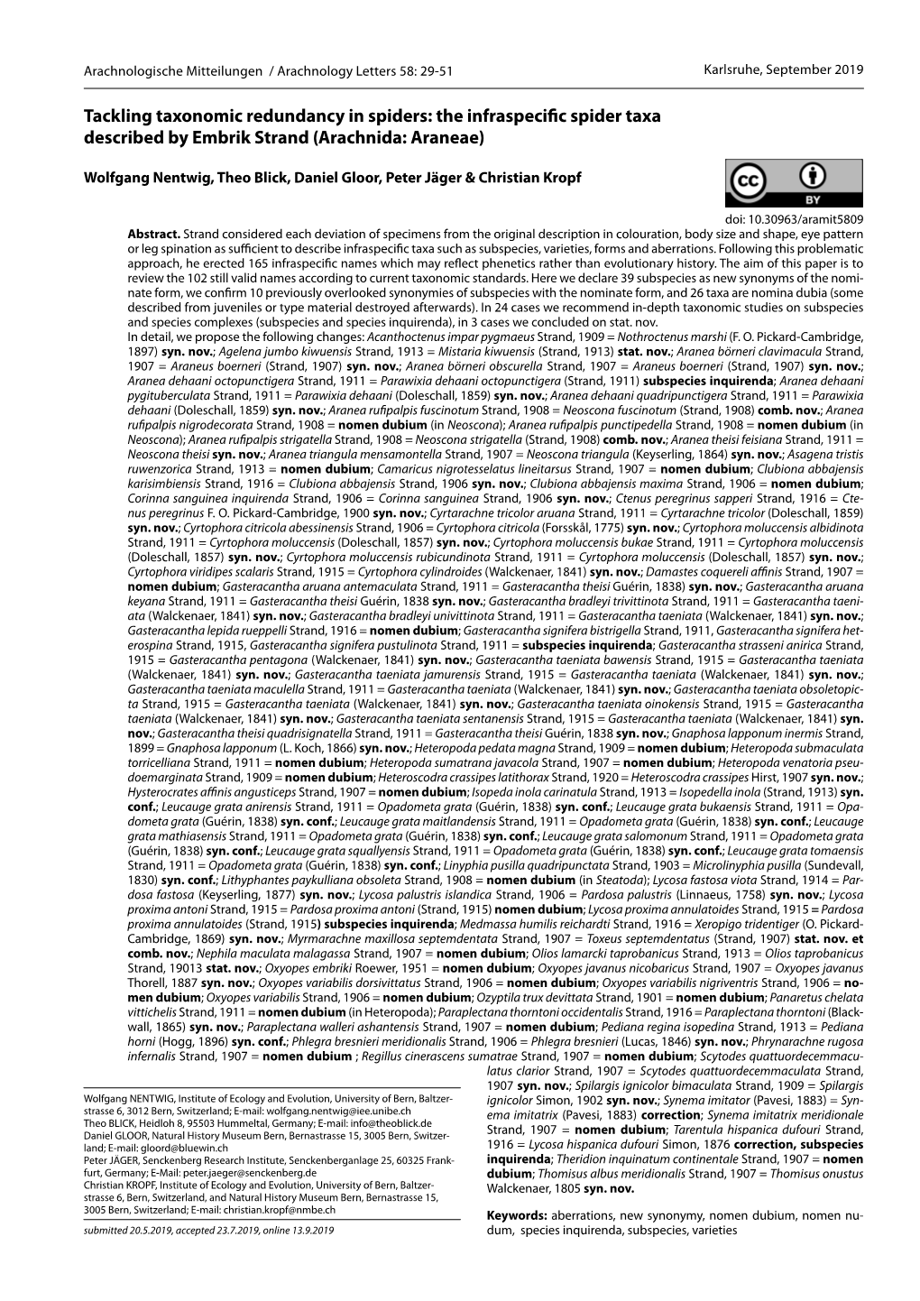 The Infraspecific Spider Taxa Described by Embrik Strand (Arachnida: Araneae)