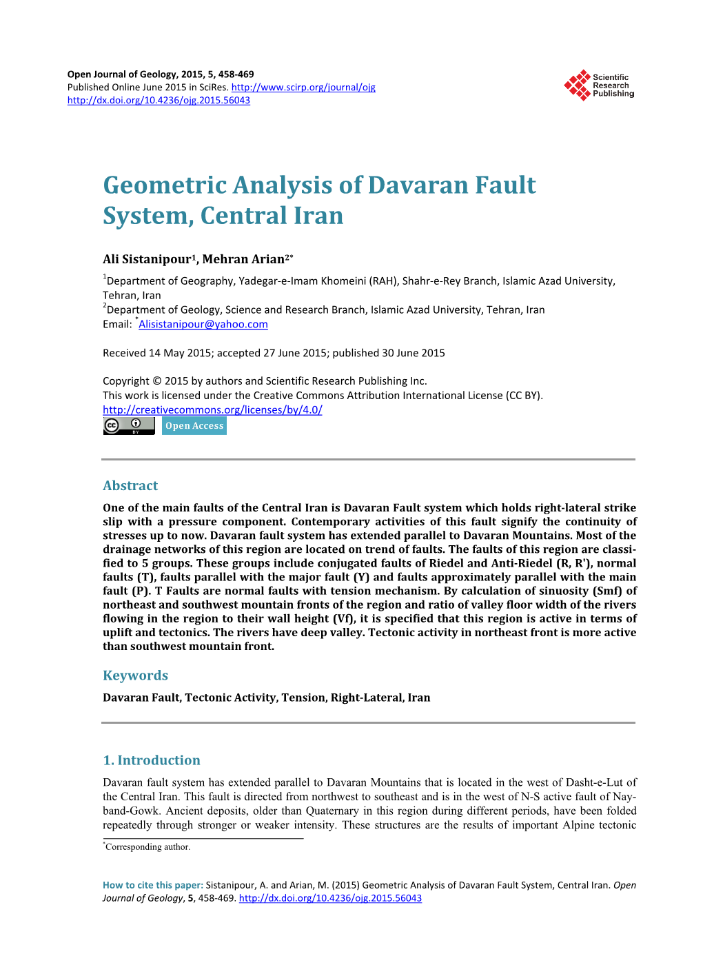 Geometric Analysis of Davaran Fault System, Central Iran