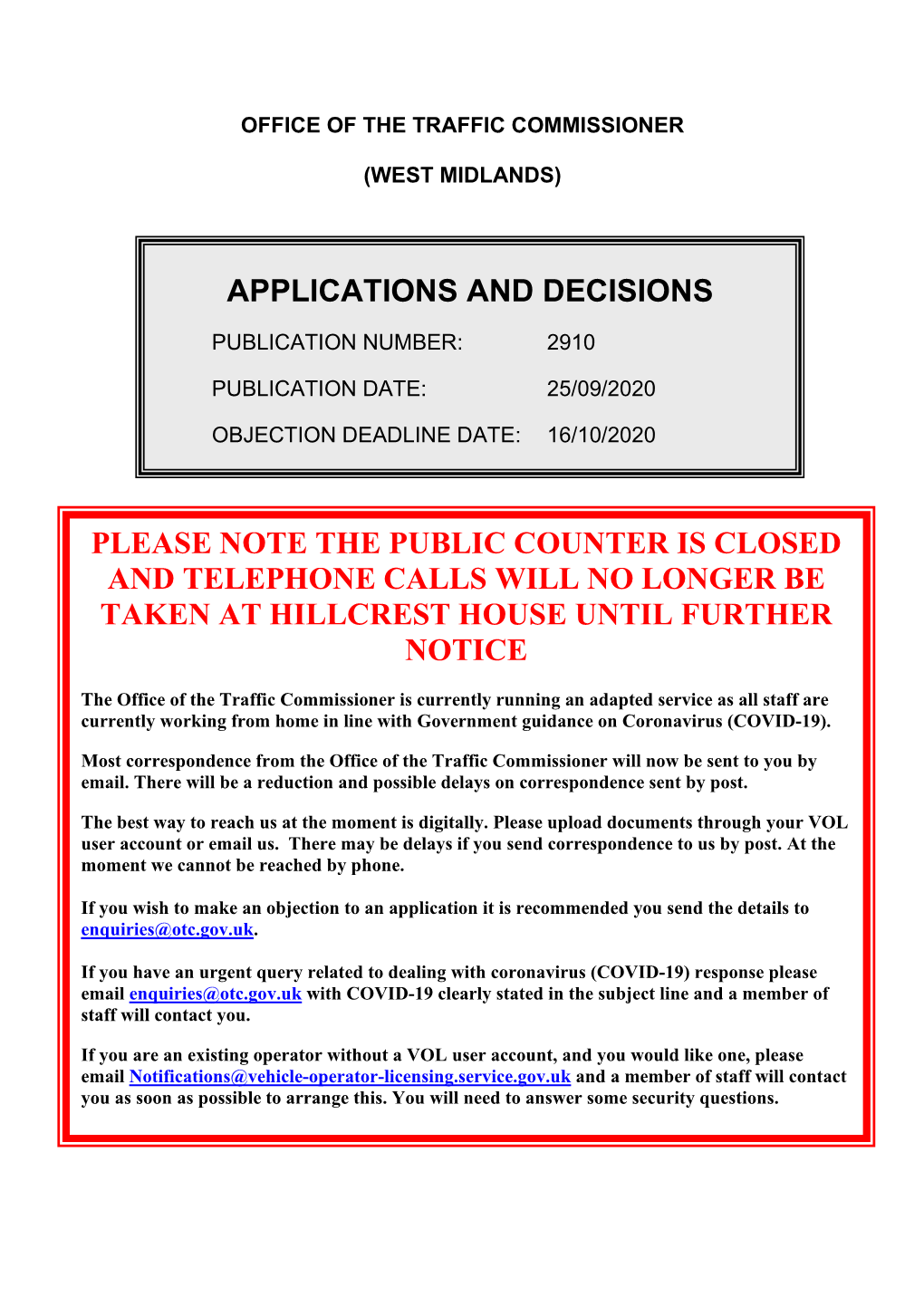 Applications and Decisions for the West Midlands 2910