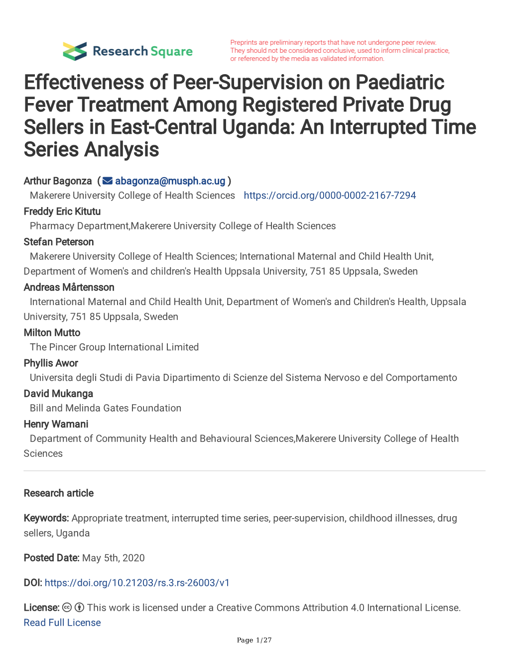 Effectiveness of Peer-Supervision on Paediatric Fever Treatment Among Registered Private Drug Sellers in East-Central Uganda: an Interrupted Time Series Analysis