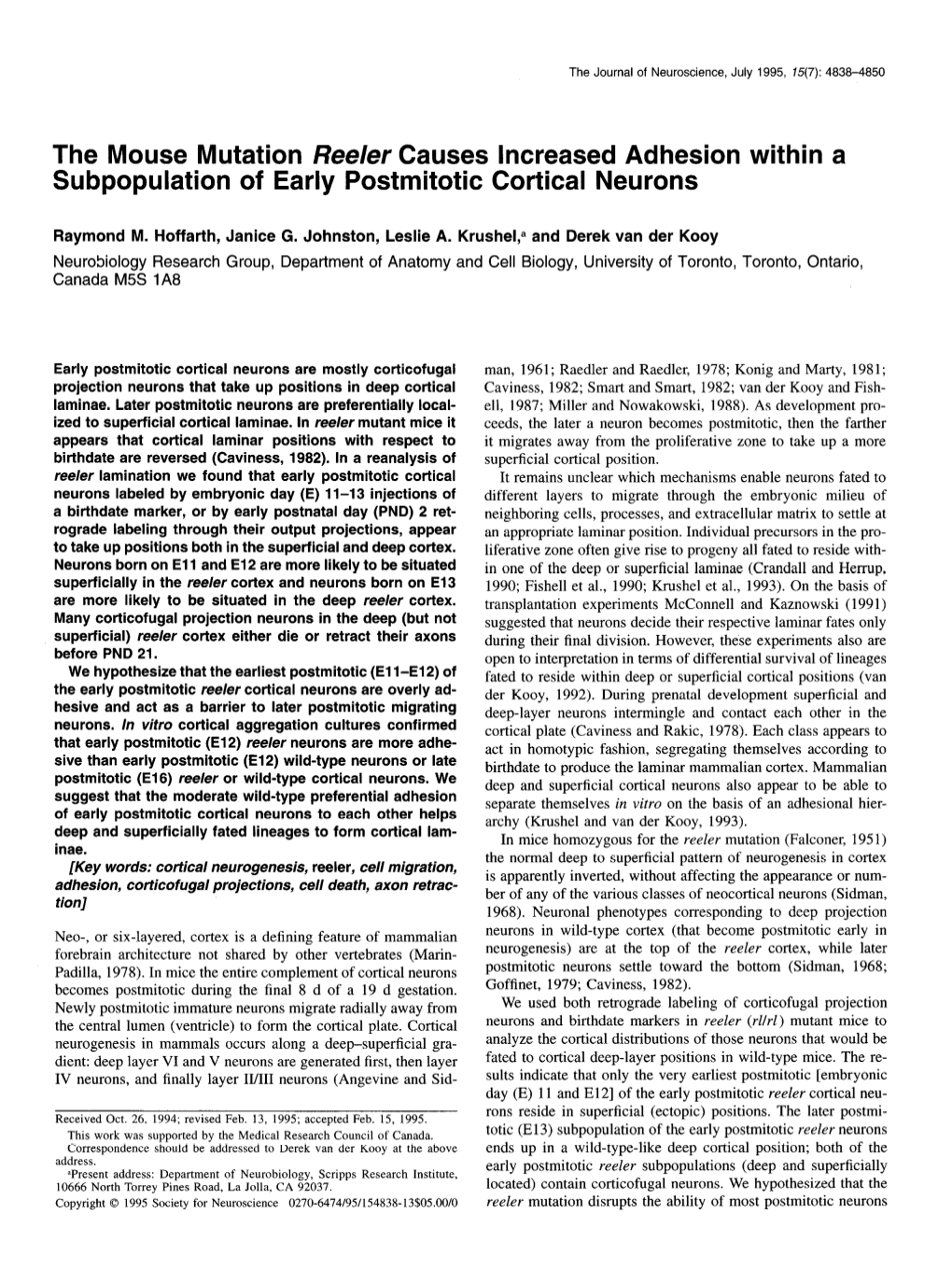 The Mouse Mutation Reeler Causes Increased Adhesion Within a Subpopulation of Early Postmitotic Cortical Neurons