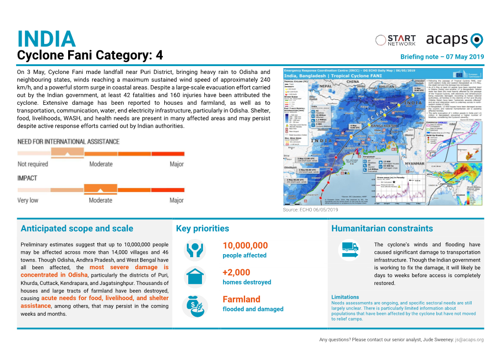 Cyclone Fani Category: 4 Briefing Note – 07 May 2019