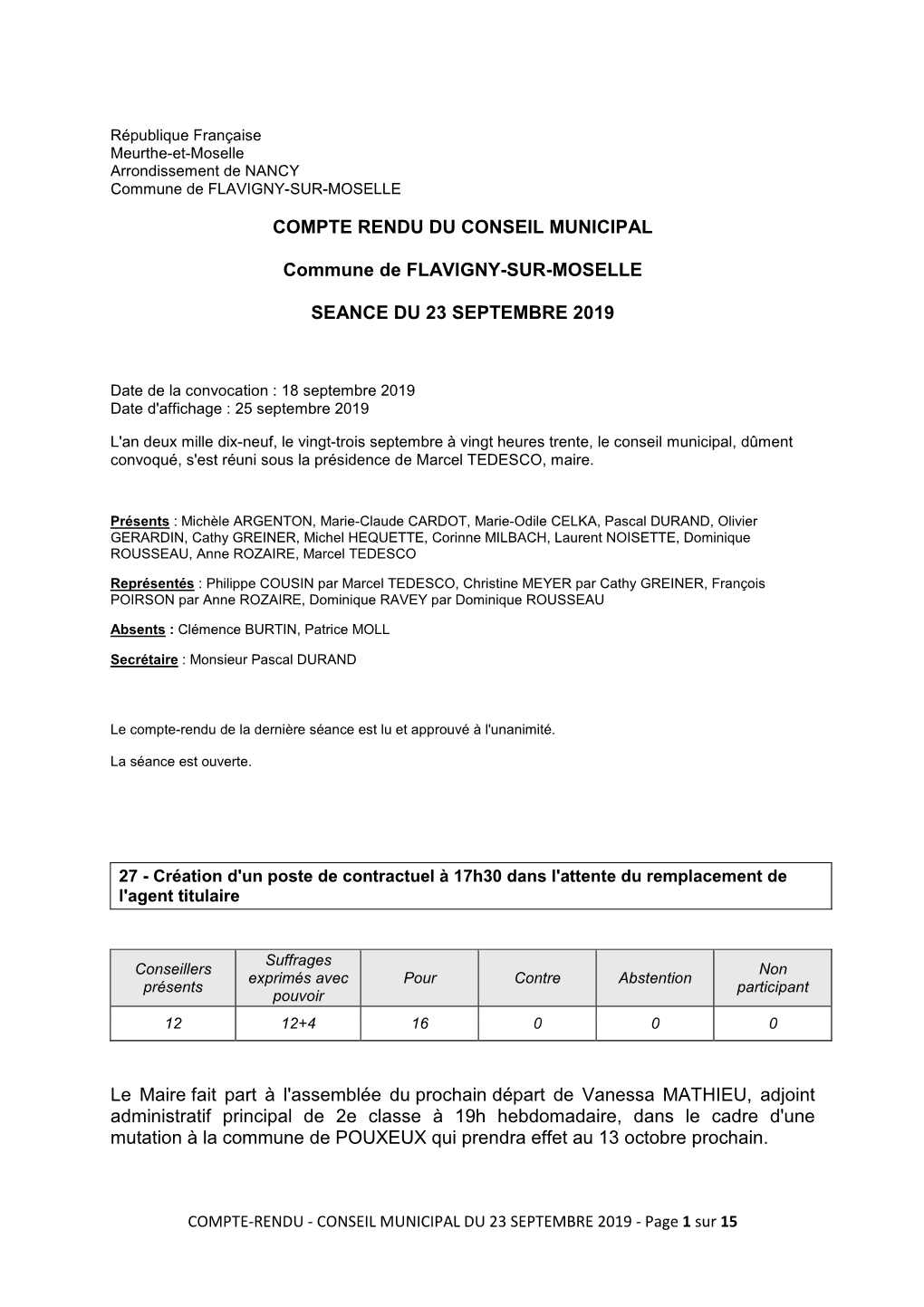 COMPTE RENDU DU CONSEIL MUNICIPAL Commune De