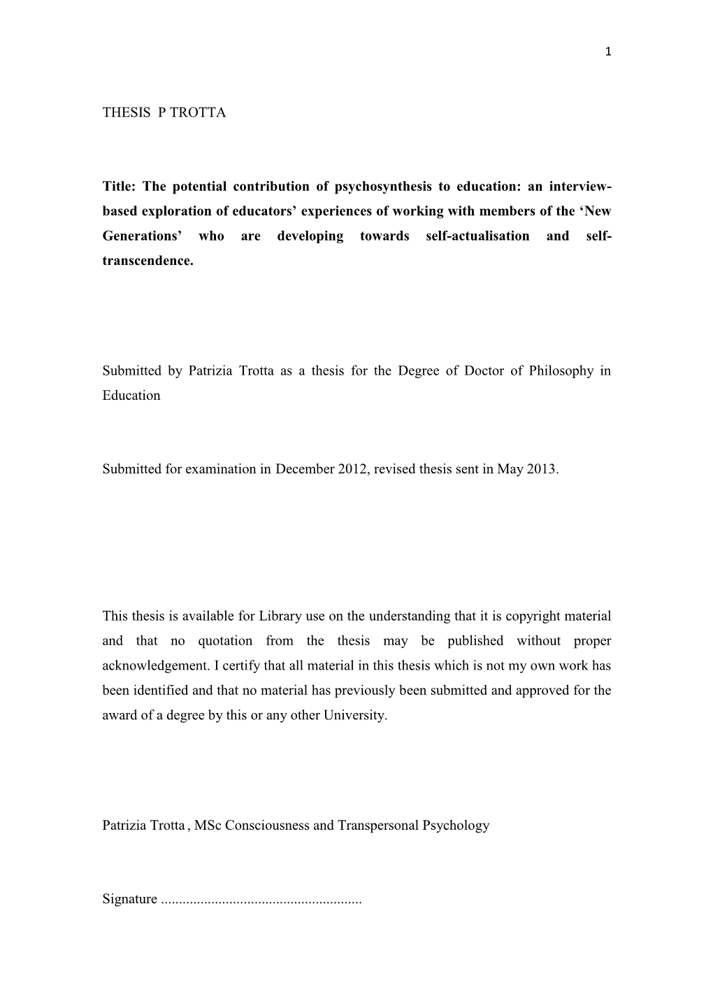 THESIS P TROTTA Title: the Potential Contribution Of