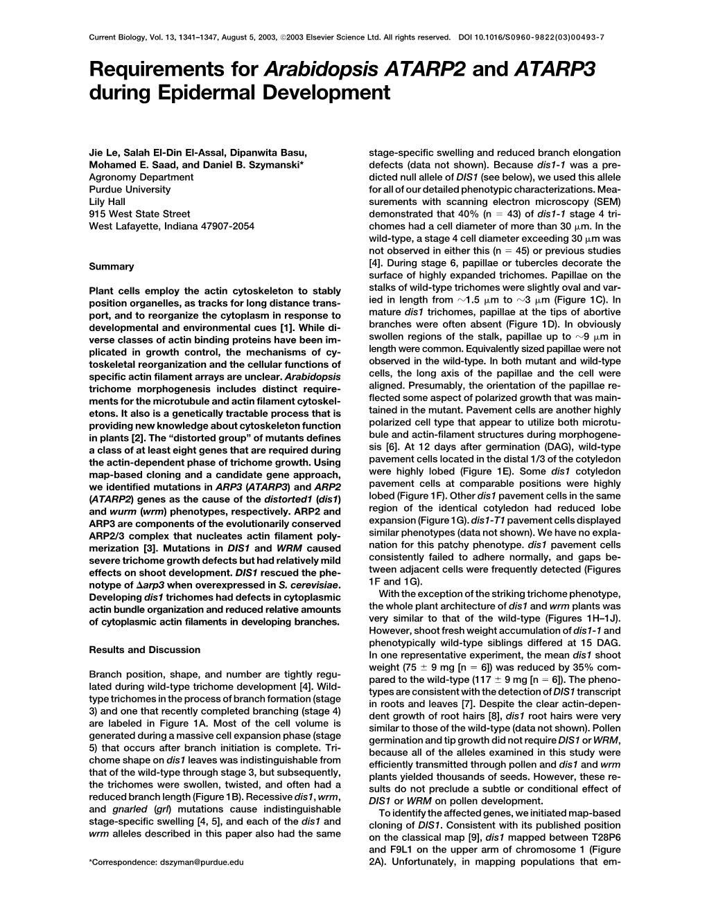 Requirements for Arabidopsis ATARP2 and ATARP3 During Epidermal Development