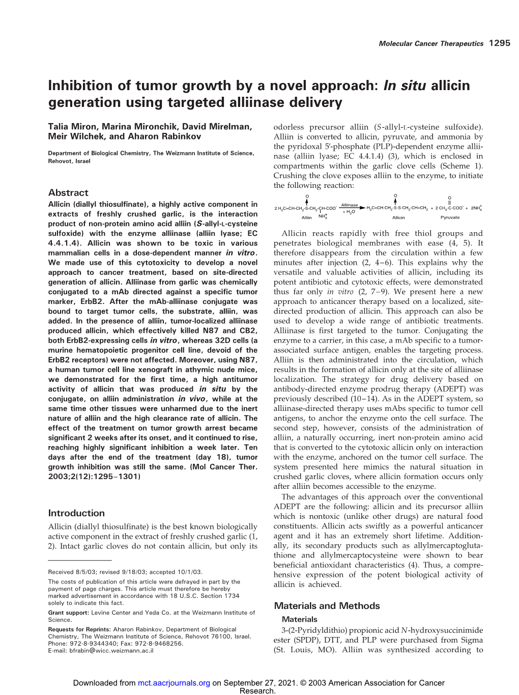 In Situ Allicin Generation Using Targeted Alliinase Delivery