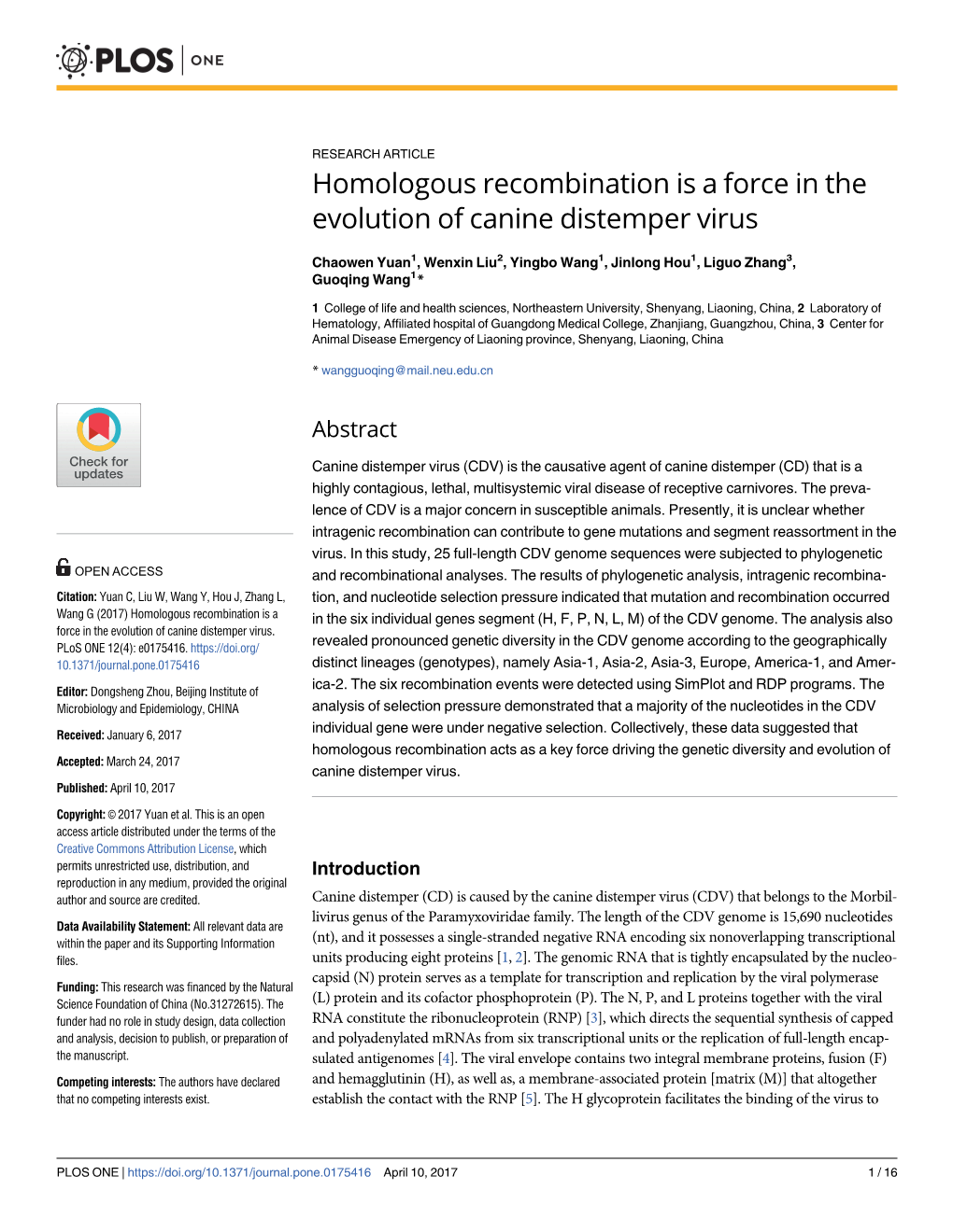 Homologous Recombination Is a Force in the Evolution of Canine Distemper Virus