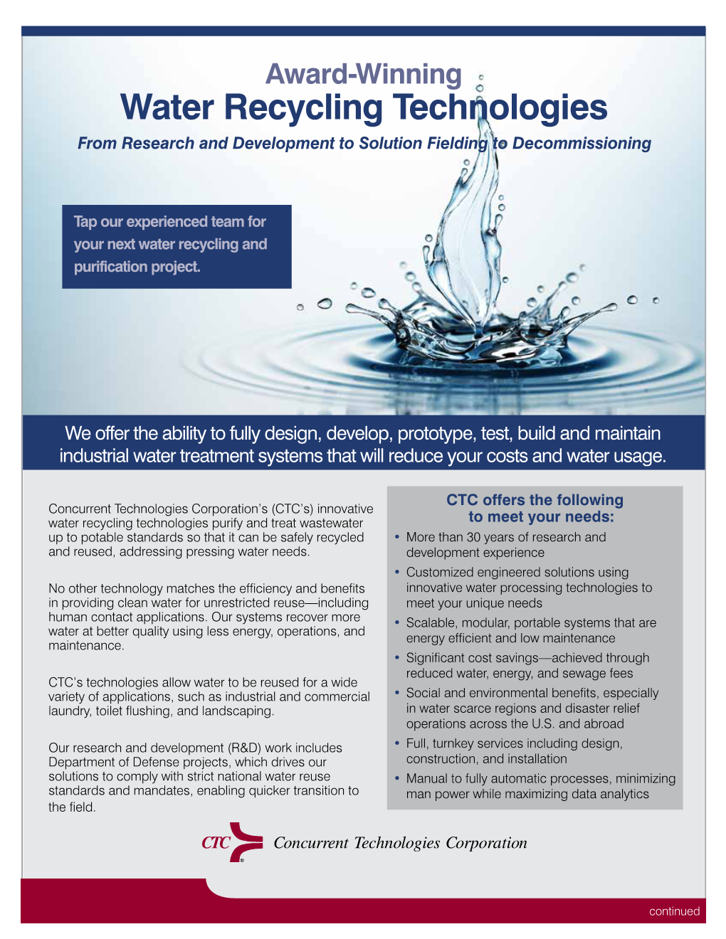 Water Recycling Technologies from Research and Development to Solution Fielding to Decommissioning