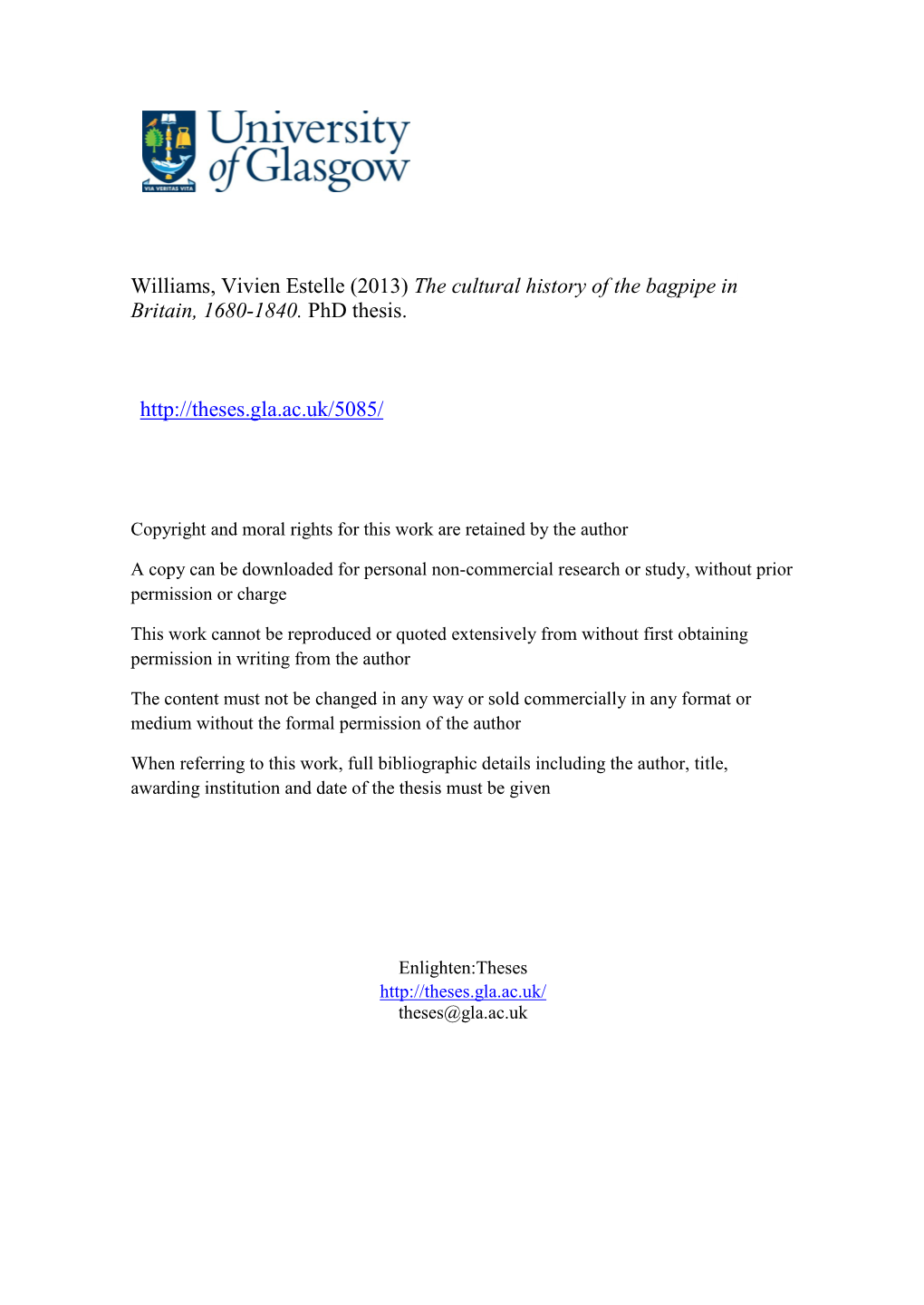 The Cultural History of the Bagpipe in Britain, 1680-1840. Phd Thesis