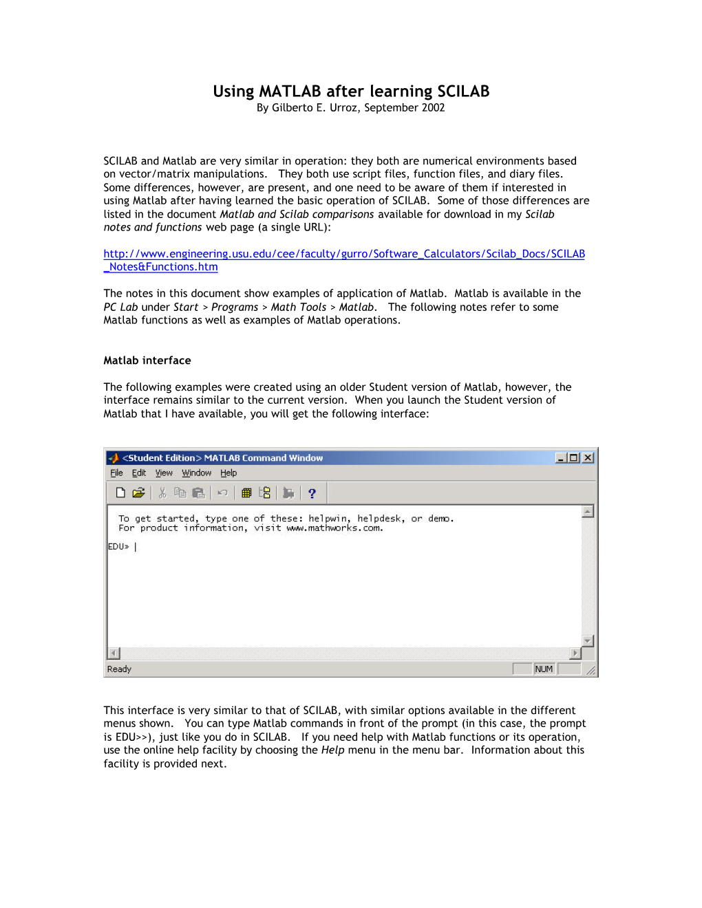 Using MATLAB After Learning SCILAB by Gilberto E