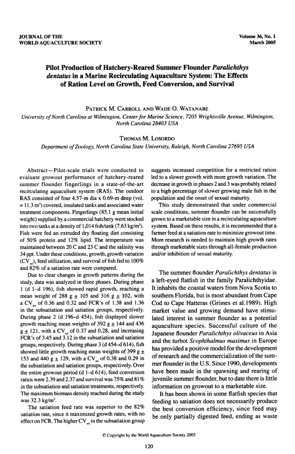 Pilot Production of Hatchery-Reared Summer Flounder Paralichthys Dentatus in a Marine Recirculating Aquaculture System: the Effe