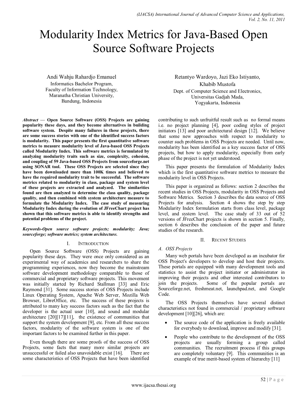 Modularity Index Metrics for Java-Based Open Source Software Projects