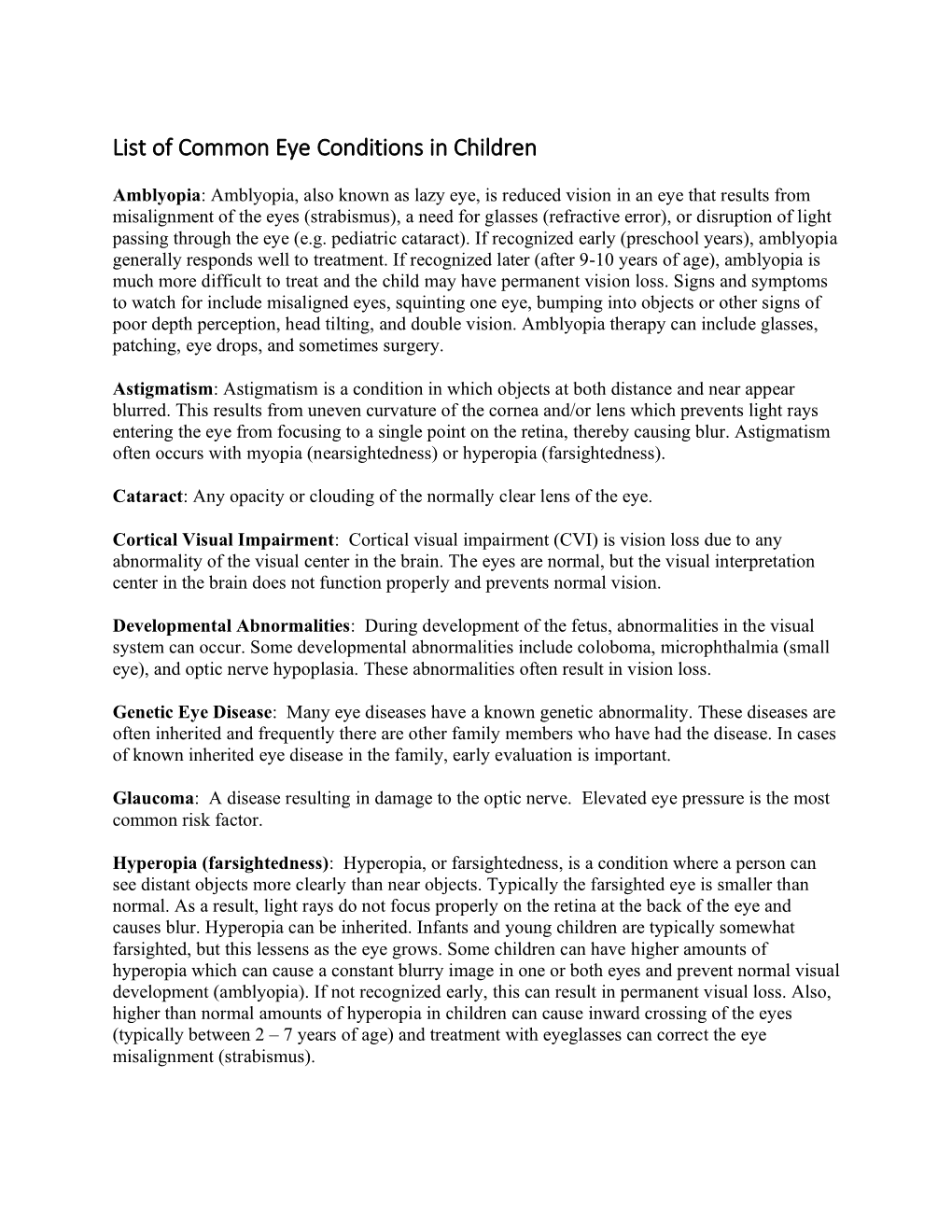 List of Common Eye Conditions in Children