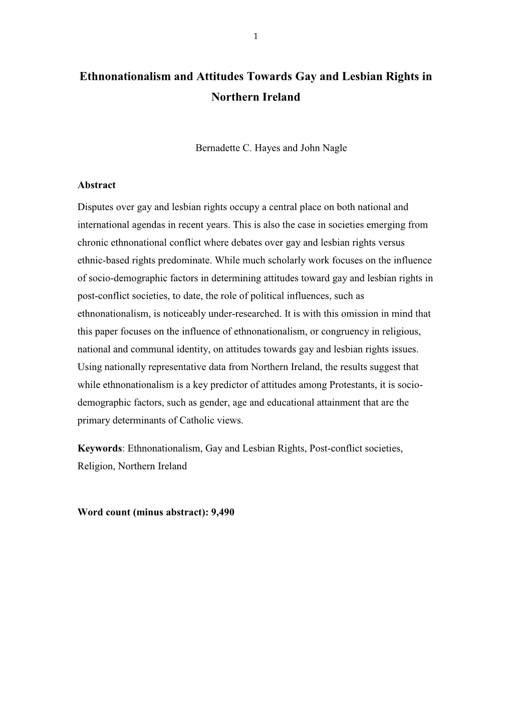 Ethnonationalism and Attitudes Towards Gay and Lesbian Rights in Northern Ireland