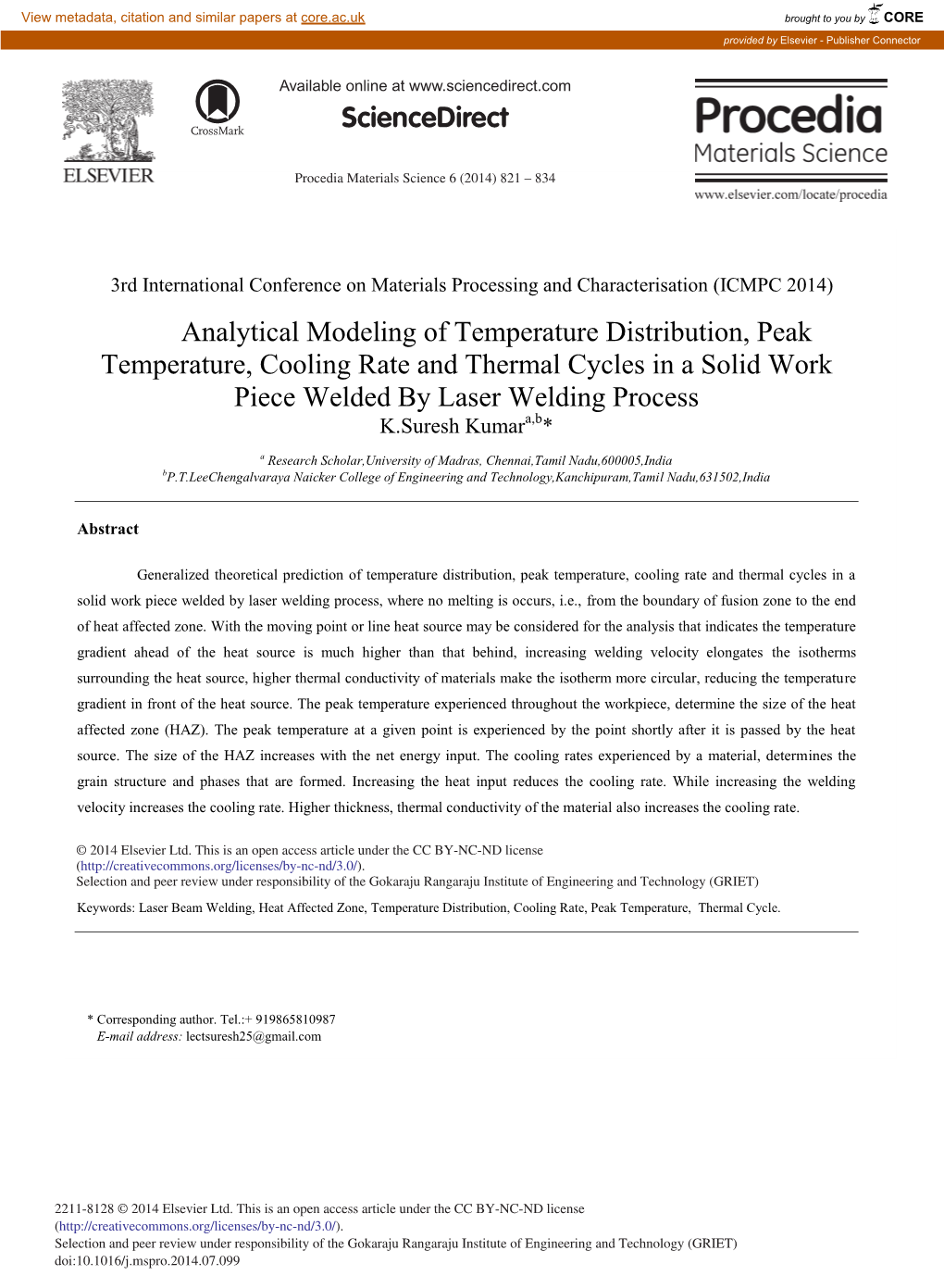 Analytical Modeling of Temperature Distribution, Peak