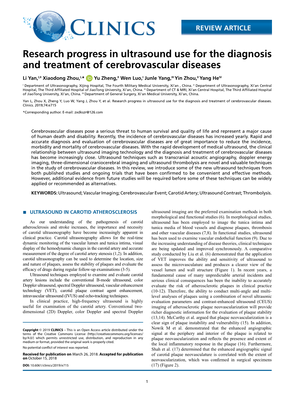 Research Progress in Ultrasound Use for the Diagnosis and Treatment of Cerebrovascular Diseases