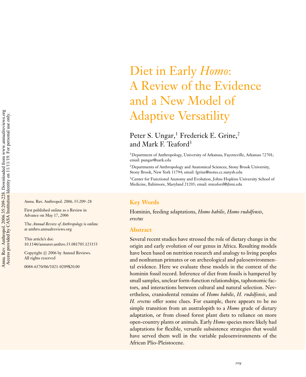 Diet in Early Homo: a Review of the Evidence and a New Model of Adaptive Versatility