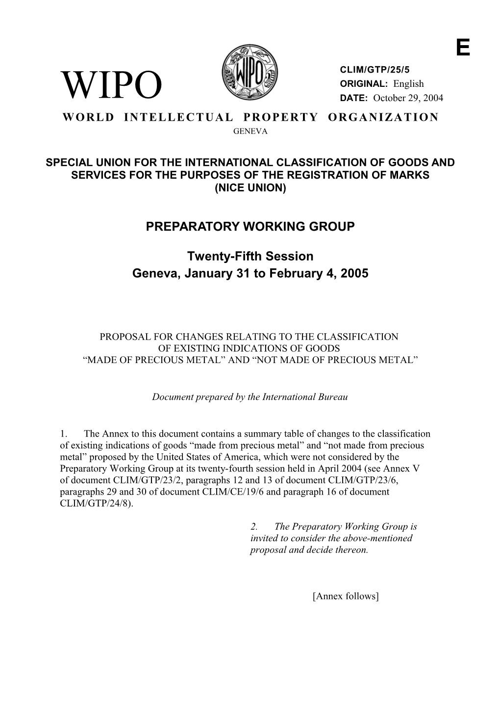 CLIM/GTP/25/5: Proposal for Changes Relating to the Classification of Existing Indications