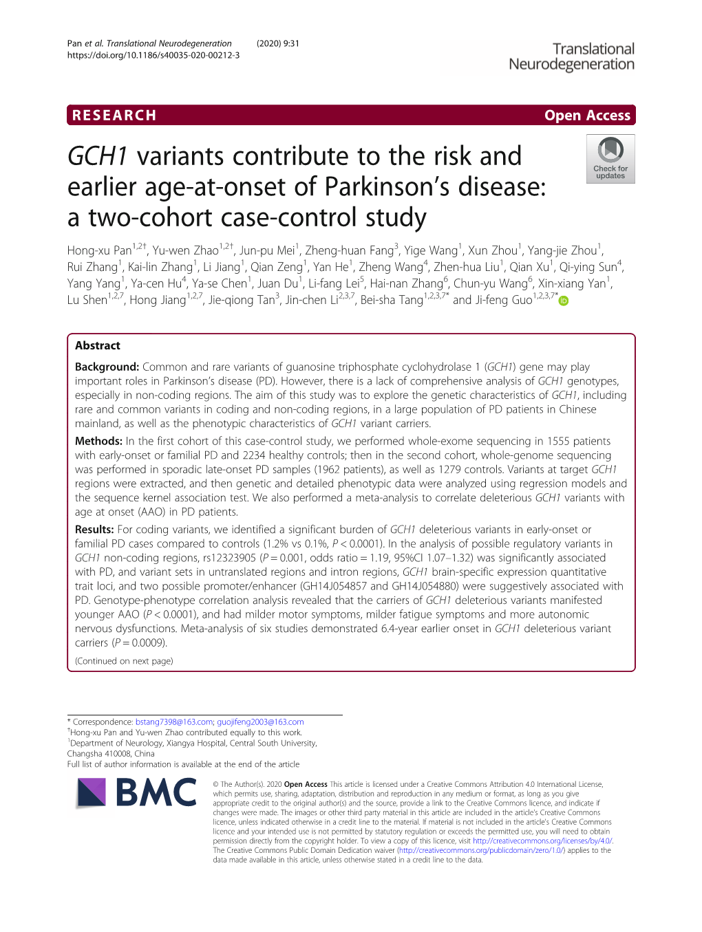 GCH1 Variants Contribute to the Risk and Earlier Age-At-Onset Of