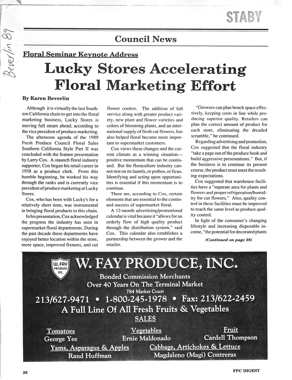 Lucky Stores Accelerating Floral Marketing Effort by Karen Beverlin