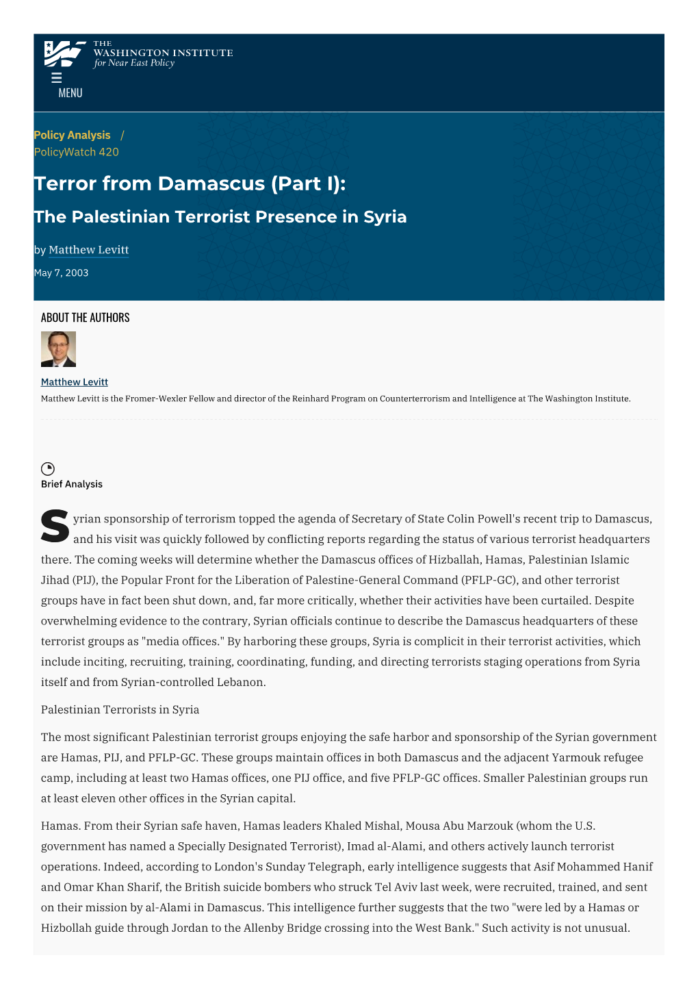 Terror from Damascus (Part I): the Palestinian Terrorist Presence in Syria by Matthew Levitt