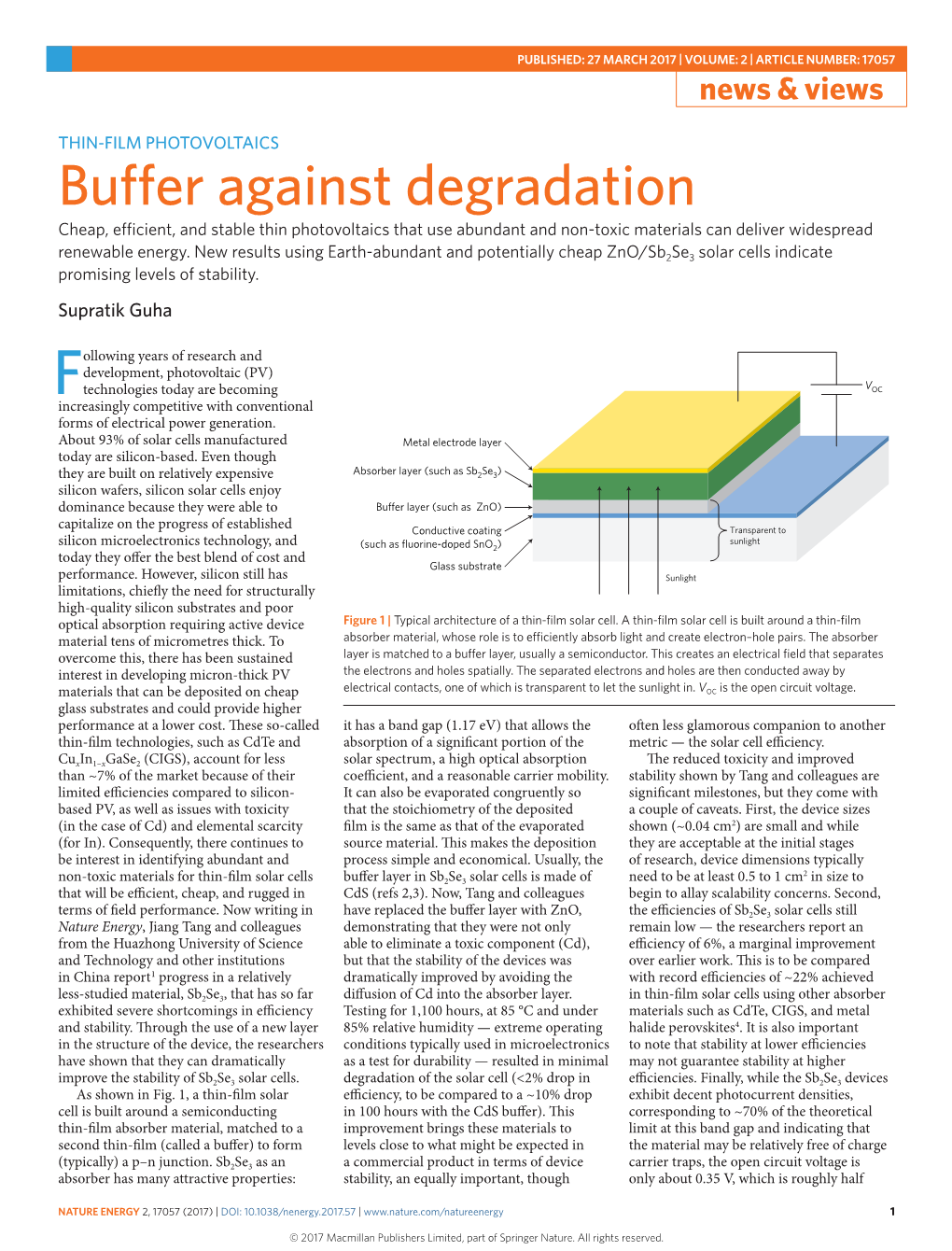 Buffer Against Degradation Cheap, Efficient, and Stable Thin Photovoltaics That Use Abundant and Non-Toxic Materials Can Deliver Widespread