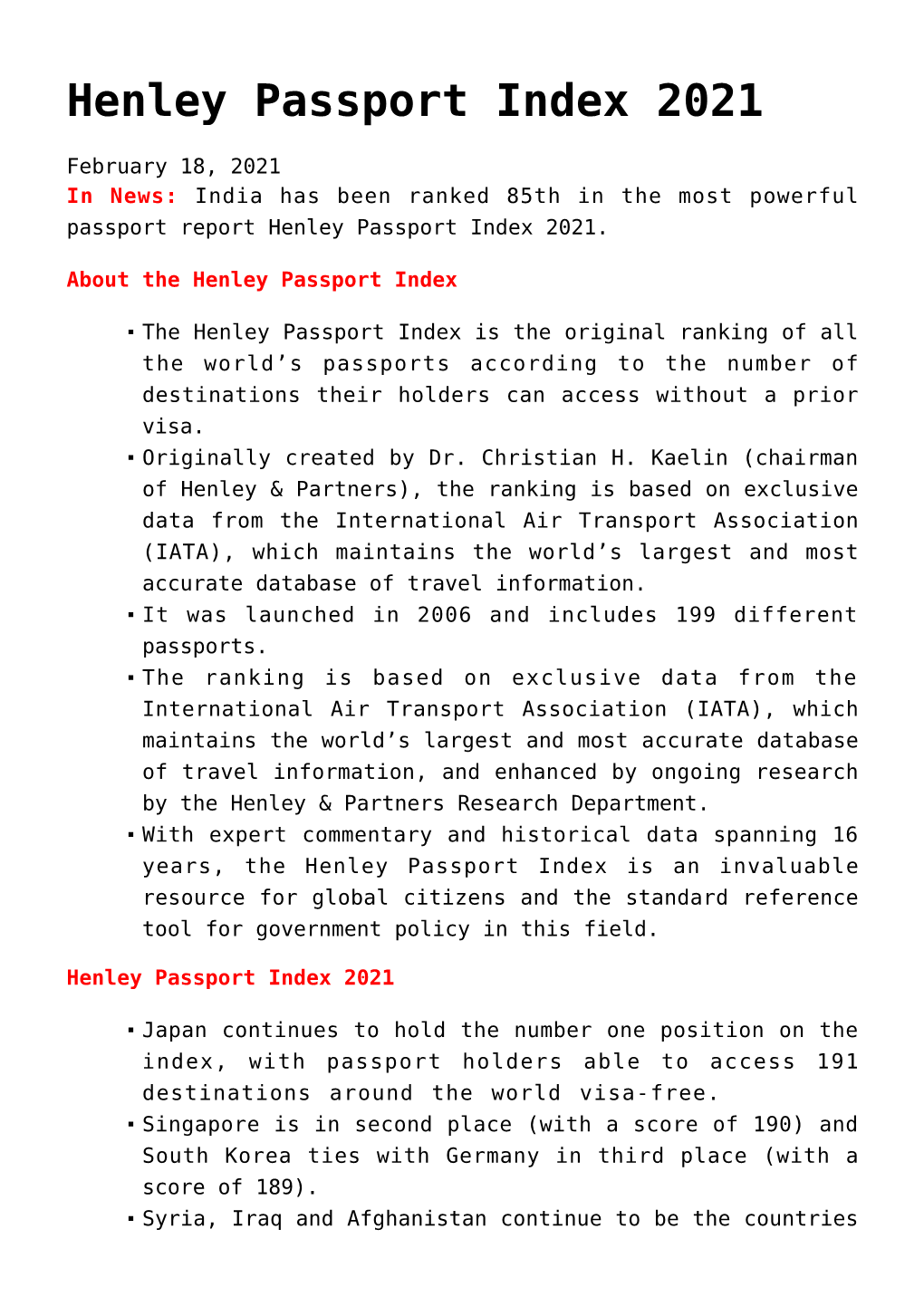 Henley Passport Index 2021