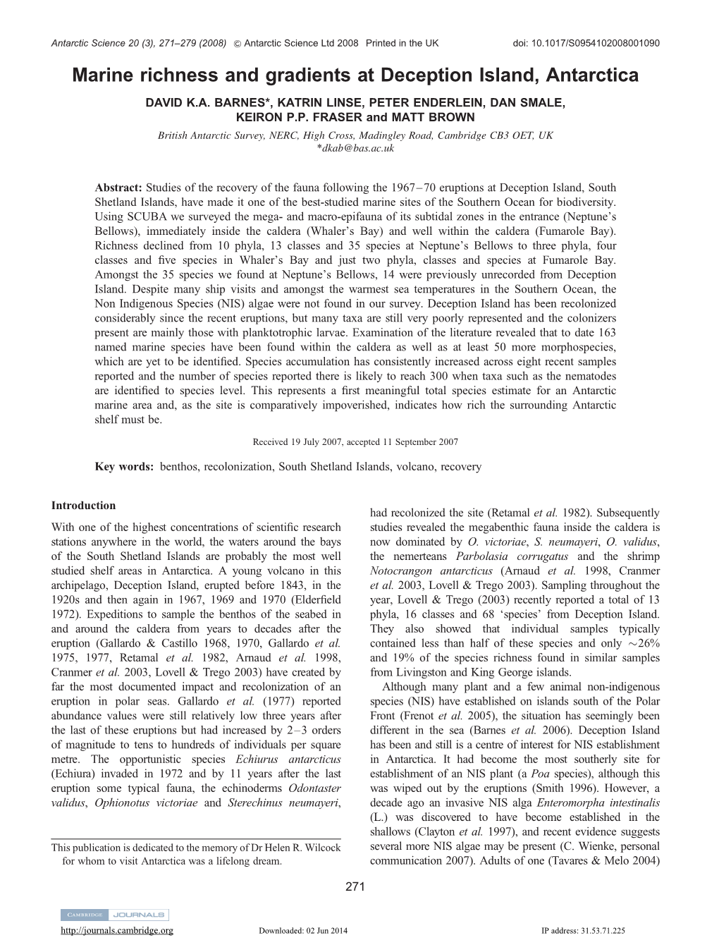 Marine Richness and Gradients at Deception Island, Antarctica DAVID K.A