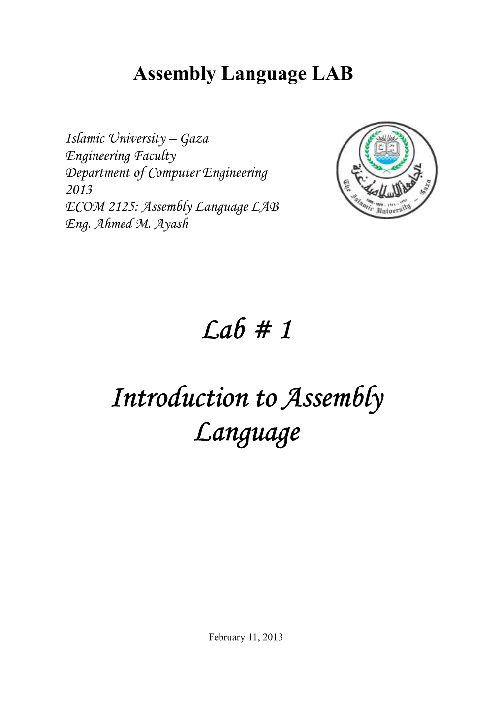 Lab # 1 Introduction to Assembly Language