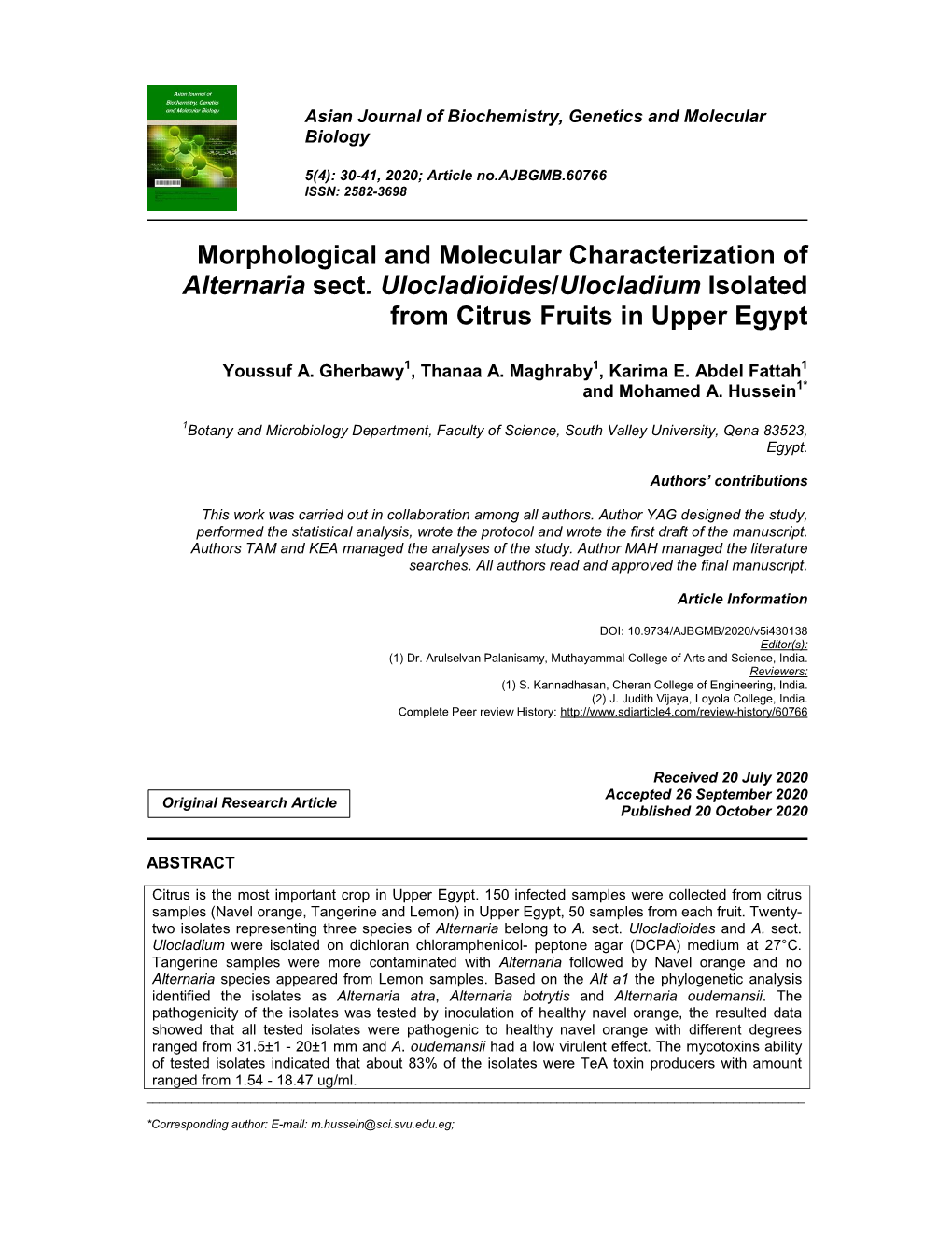 Morphological and Molecular Characterization of Alternaria Sect