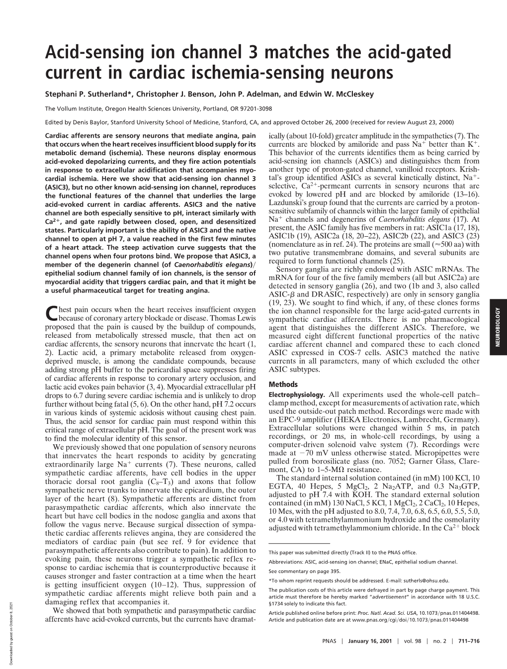 Acid-Sensing Ion Channel 3 Matches the Acid-Gated Current in Cardiac Ischemia-Sensing Neurons