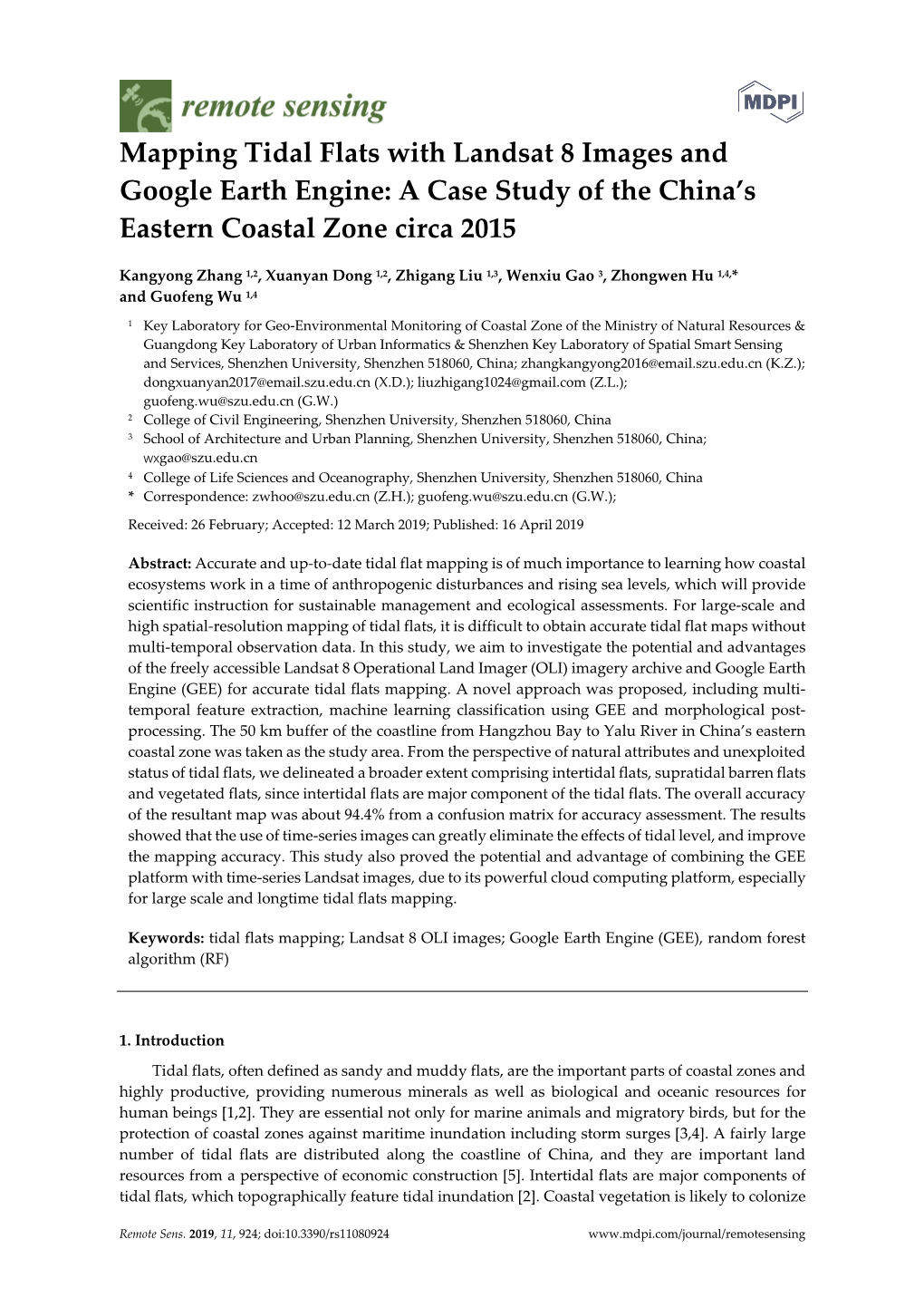 Mapping Tidal Flats with Landsat 8 Images and Google Earth Engine: a Case Study of the China’S Eastern Coastal Zone Circa 2015