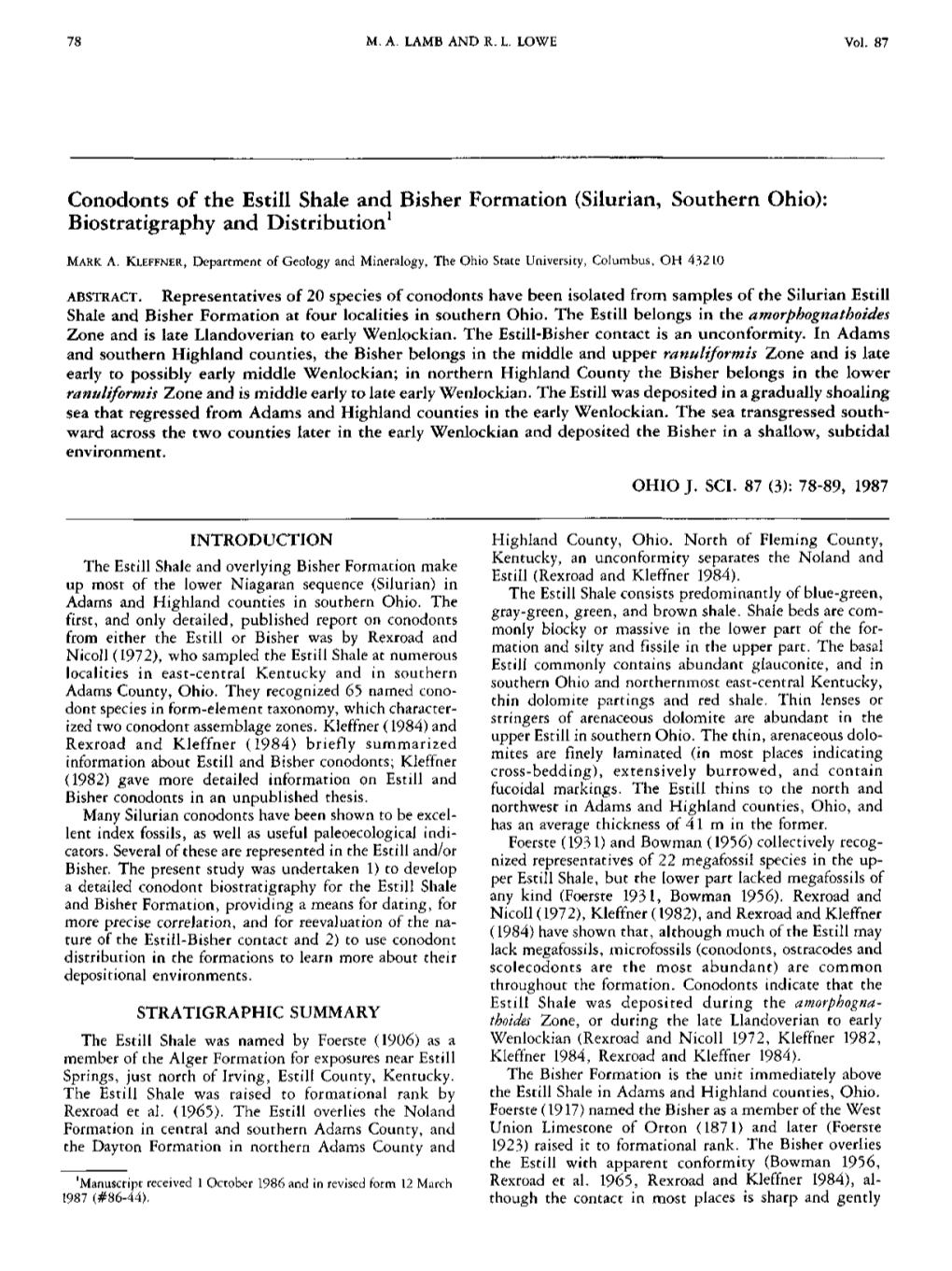 Conodonts of the Estill Shale and Bisher Formation (Silurian, Southern Ohio): Biostratigraphy and Distribution1