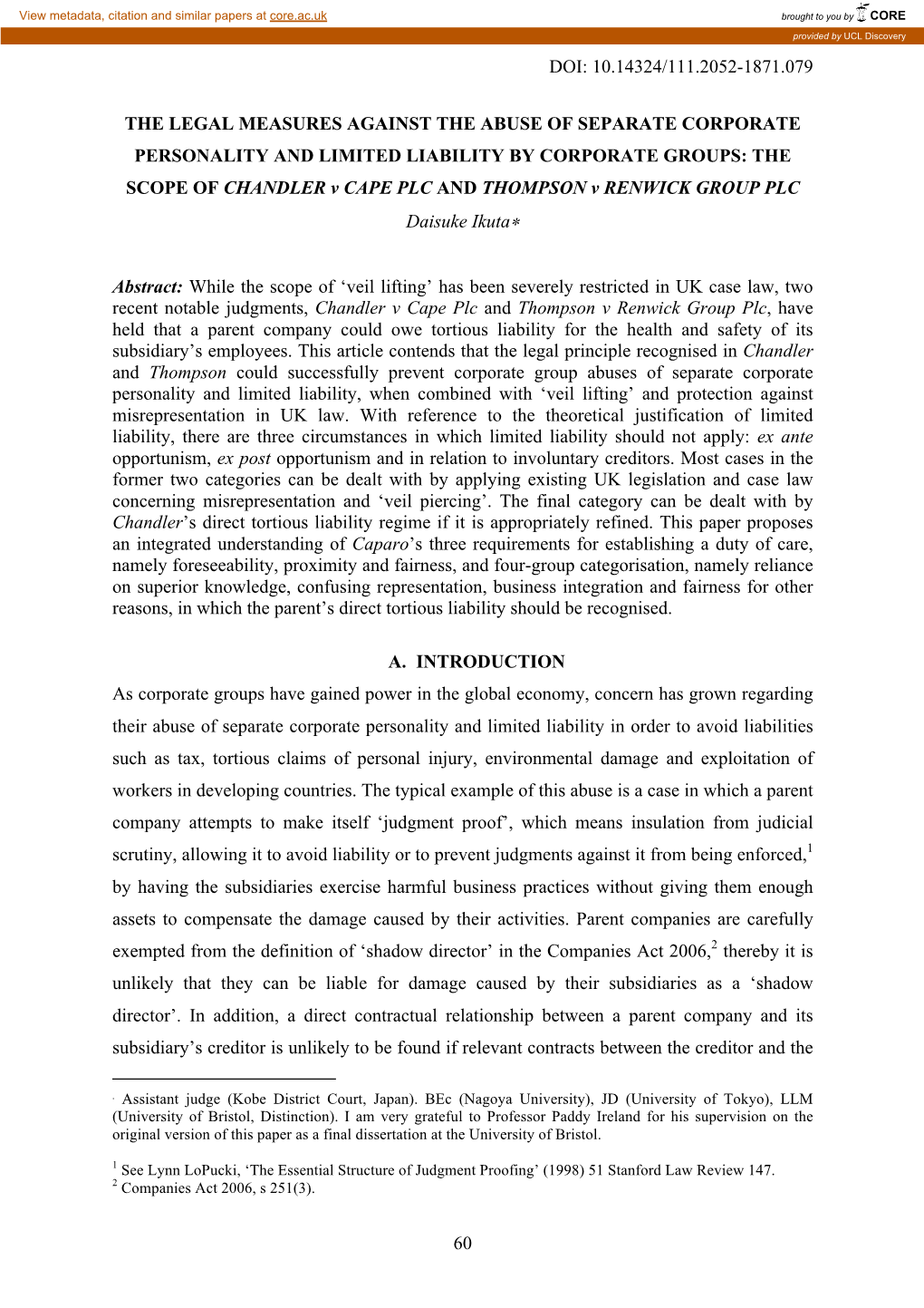 Doi: 10.14324/111.2052-1871.079 60 the Legal Measures Against the Abuse of Separate Corporate Personality and Limited Liability