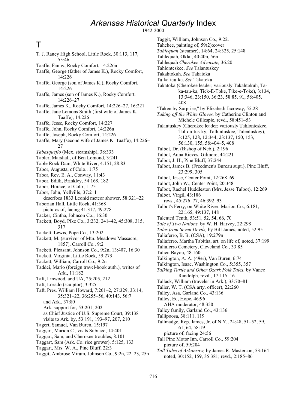 Arkansas Historical Quarterly Index T