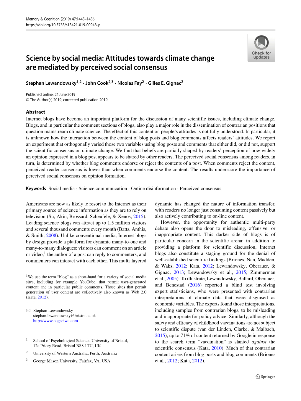 Attitudes Towards Climate Change Are Mediated by Perceived Social Consensus