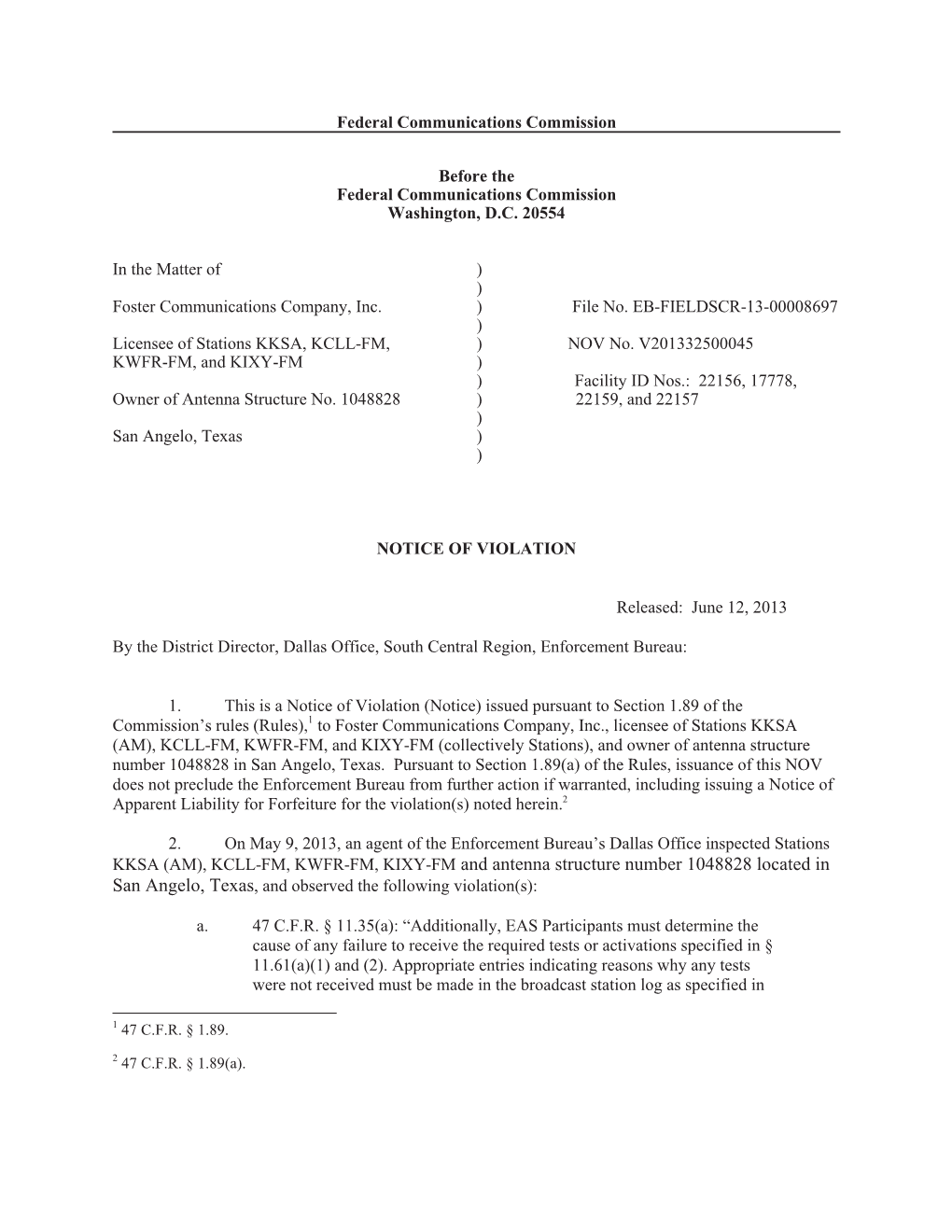 KCLL-FM, KWFR-FM, KIXY-FM and Antenna Structure Number 1048828 Located in San Angelo, Texas, and Observed the Following Violation(S)