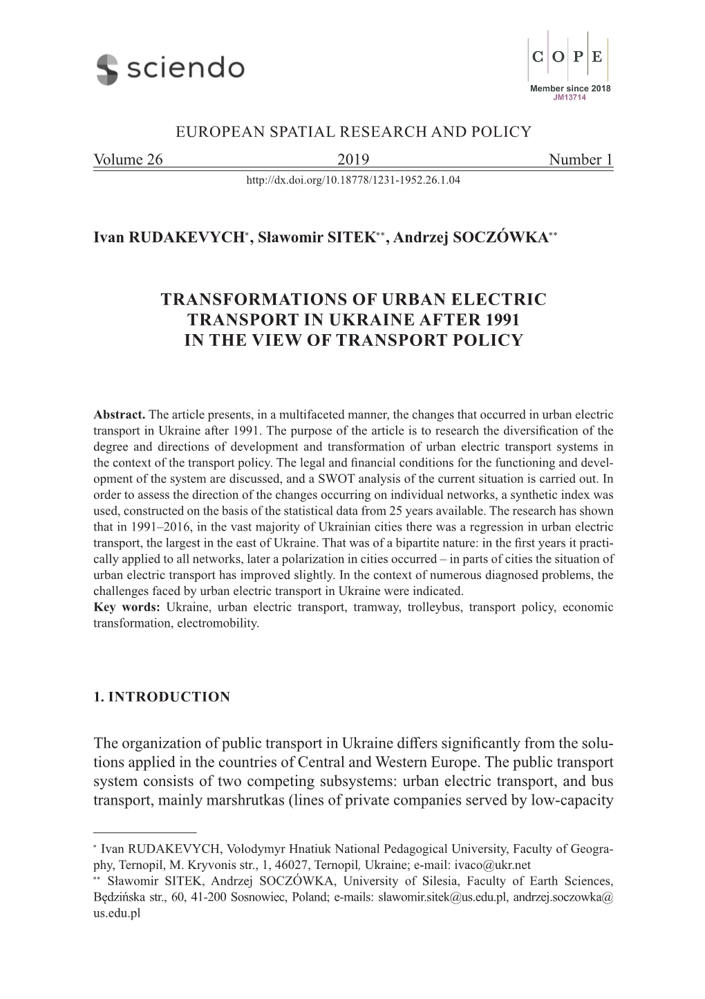 Transformations of Urban Electric Transport in Ukraine After 1991 in the View of Transport Policy