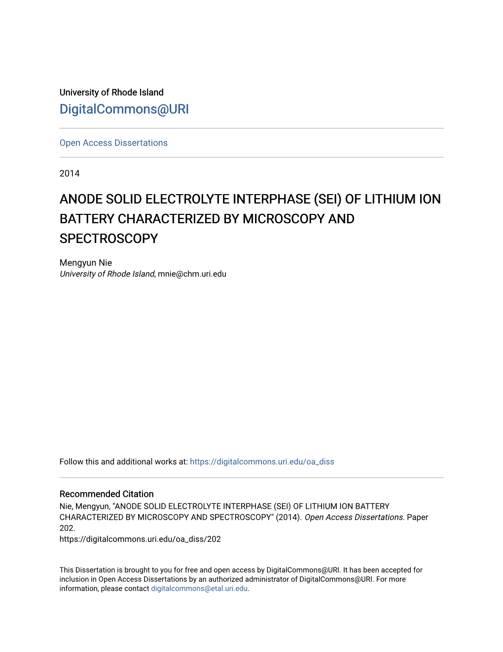 Anode Solid Electrolyte Interphase (Sei) of Lithium Ion Battery Characterized by Microscopy and Spectroscopy