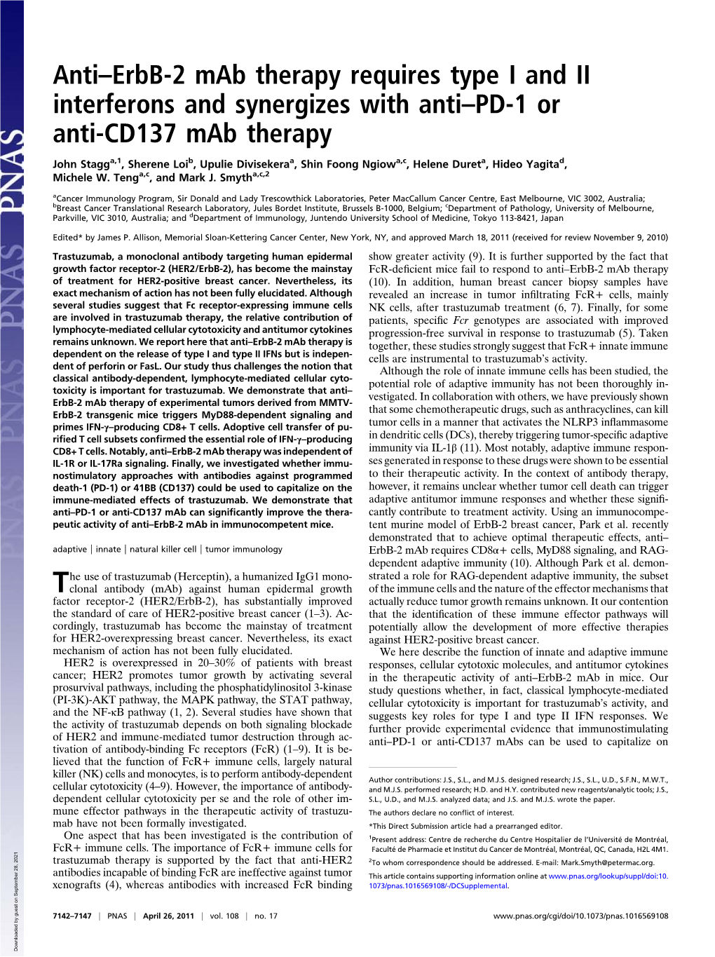Anti–Erbb-2 Mab Therapy Requires Type I and II Interferons and Synergizes with Anti–PD-1 Or Anti-CD137 Mab Therapy