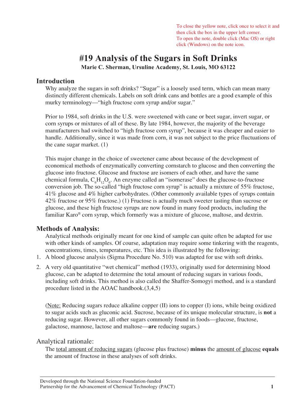 19 Analysis of the Sugars in Soft Drinks Marie C