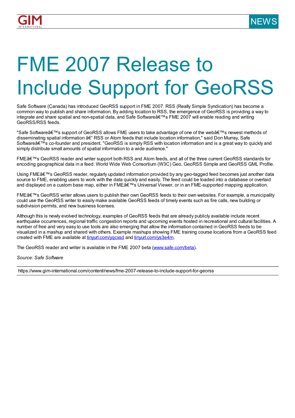 FME 2007 Release to Include Support for Georss