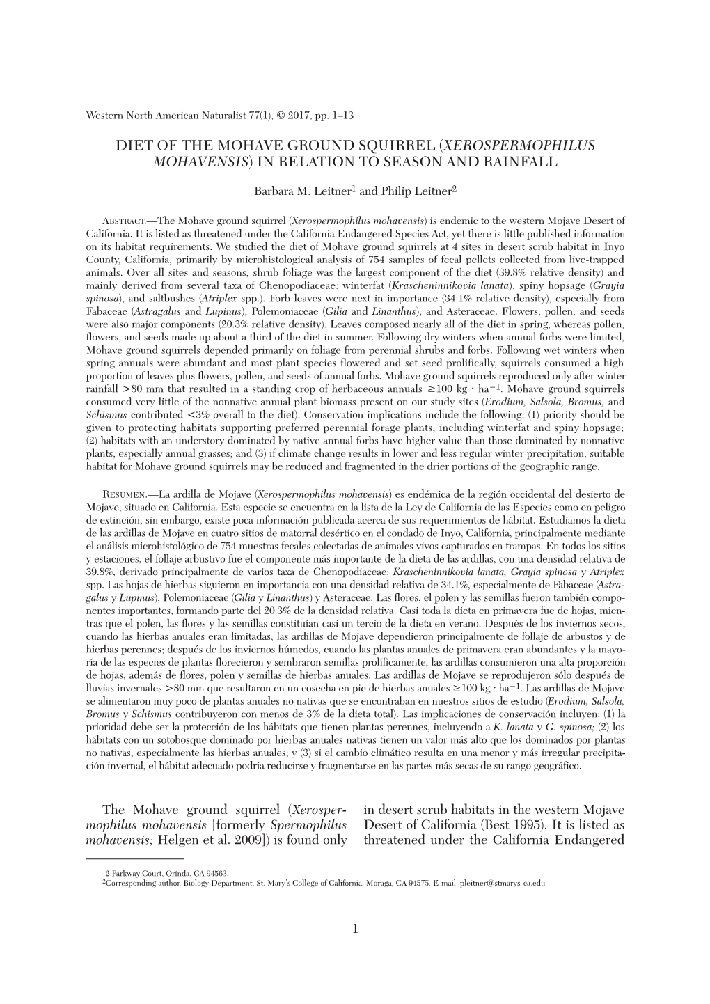 Diet of the Mohave Ground Squirrel (Xerospermophilus Mohavensis) in Relation to Season and Rainfall