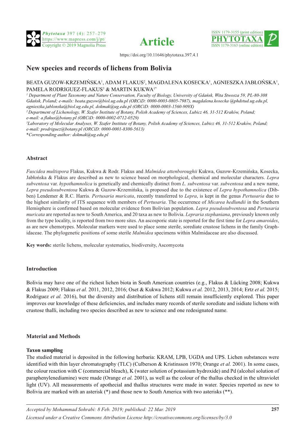 New Species and Records of Lichens from Bolivia