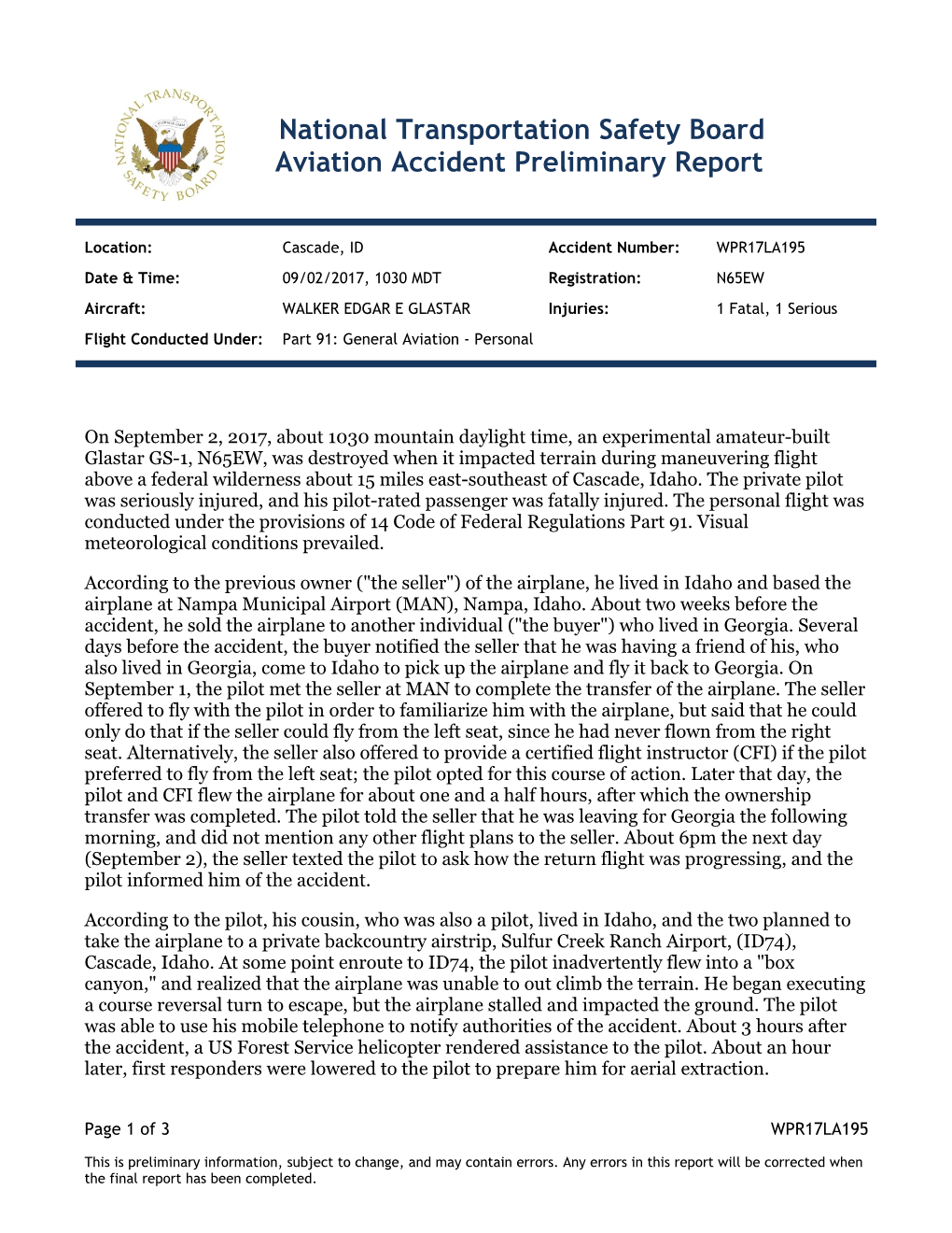 National Transportation Safety Board Aviation Accident Preliminary Report