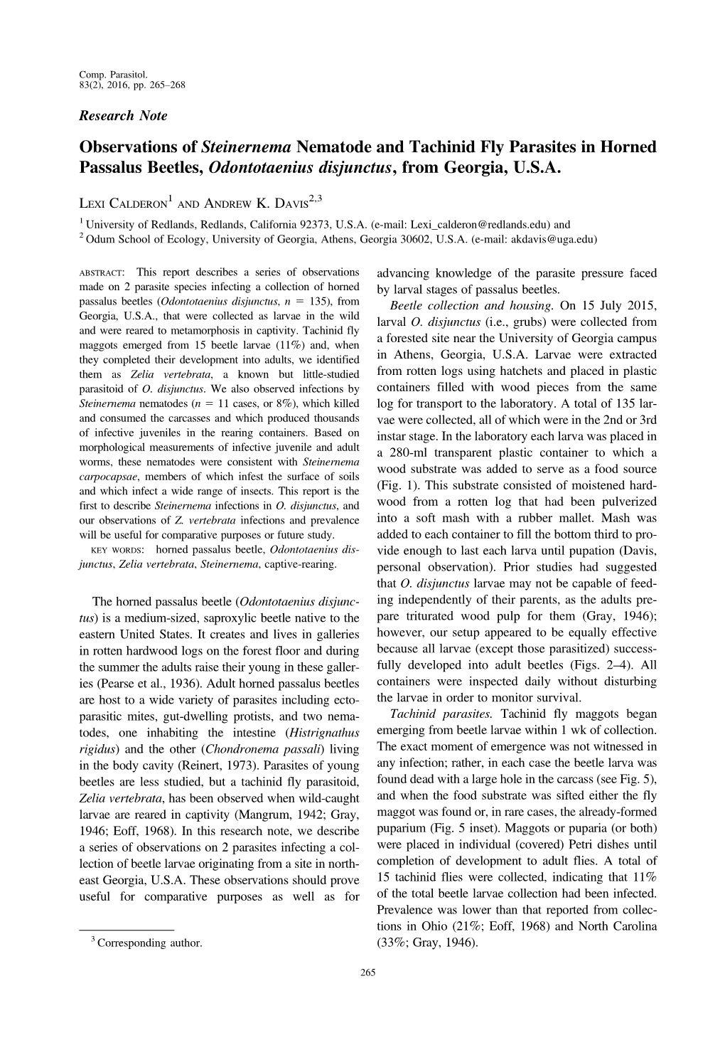 Observations of Steinernema Nematode and Tachinid Fly Parasites in Horned Passalus Beetles, Odontotaenius Disjunctus, from Georgia, U.S.A