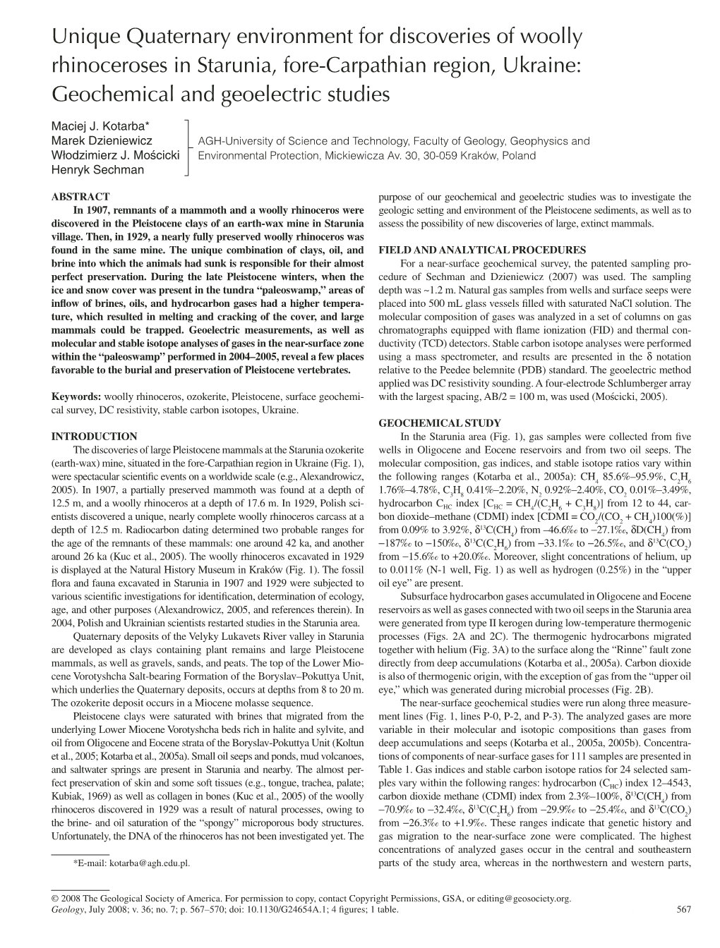 Unique Quaternary Environment for Discoveries of Woolly Rhinoceroses in Starunia, Fore-Carpathian Region, Ukraine: Geochemical and Geoelectric Studies