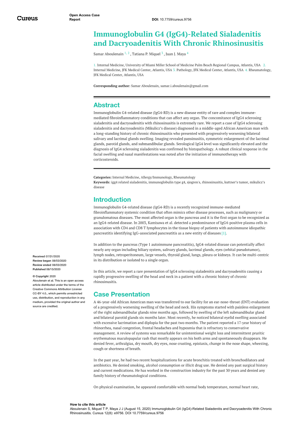 Immunoglobulin G4 (Igg4)-Related Sialadenitis and Dacryoadenitis with Chronic Rhinosinusitis