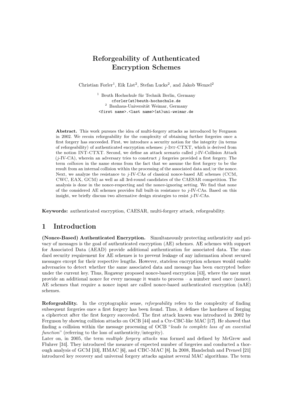 Reforgeability of Authenticated Encryption Schemes 1 Introduction