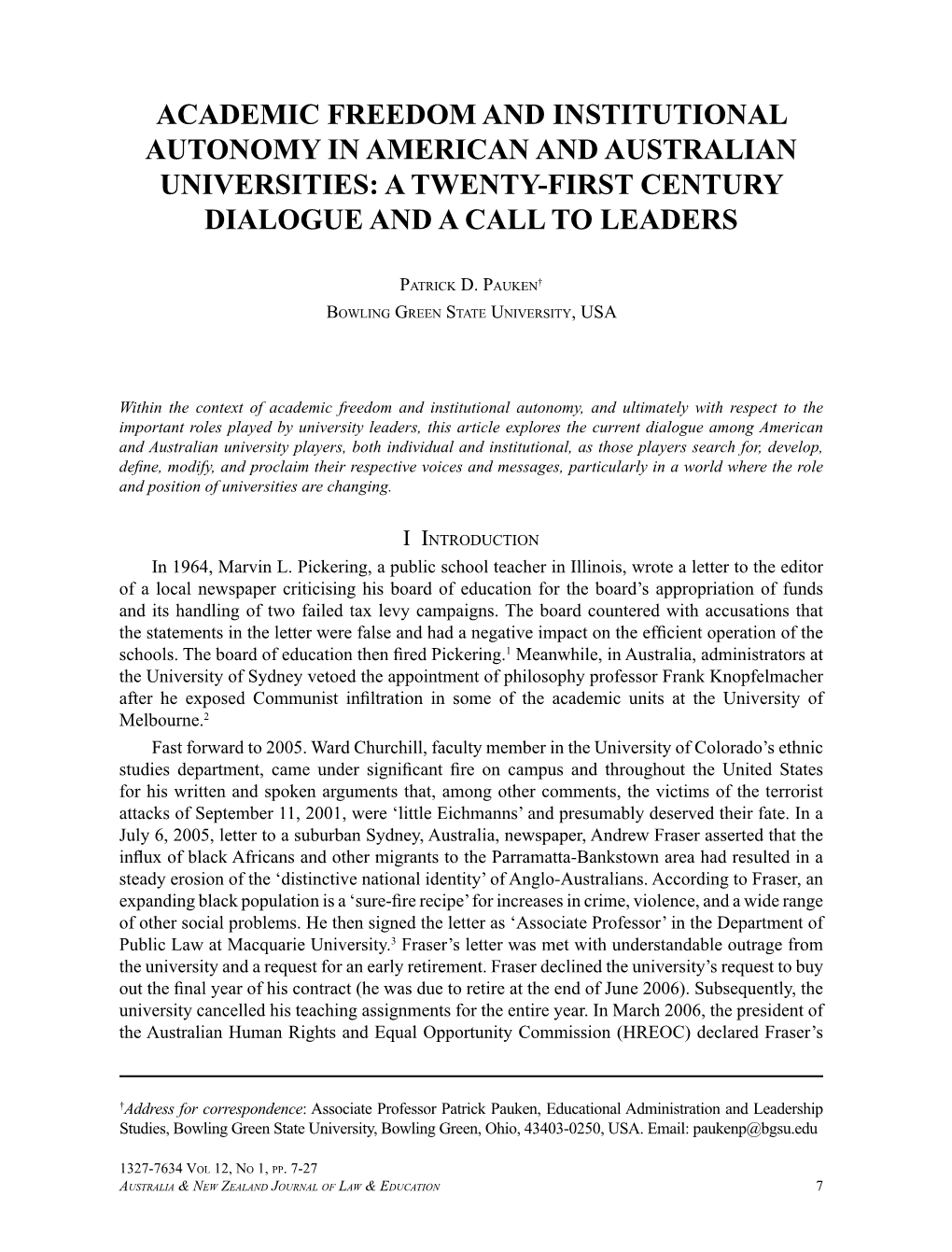 Academic Freedom and Institutional Autonomy in American and Australian Universities: a Twenty-First Century Dialogue and a Call to Leaders